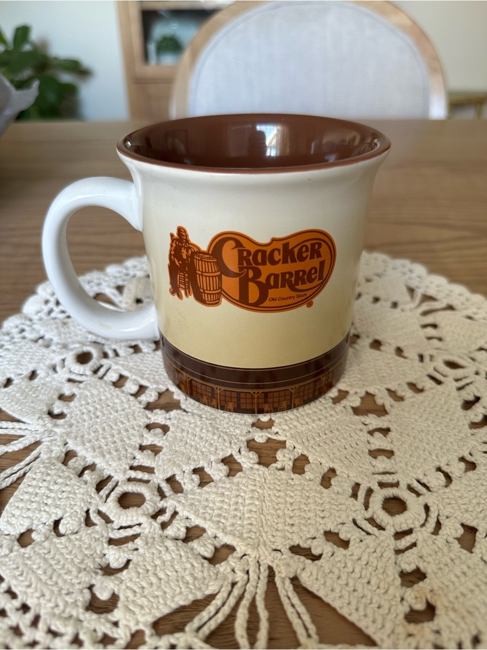 Cracker Barrel Cream and Brown Logo Mug with Brown Interior